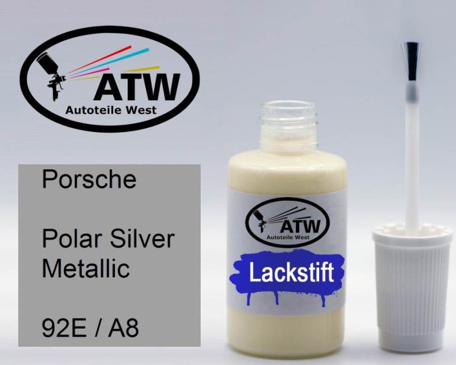 Porsche, Polar Silver Metallic, 92E / A8: 20ml Lackstift, von ATW Autoteile West.